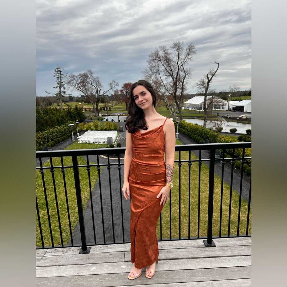 Rust Orange Satin Jacquard Maxi Dress